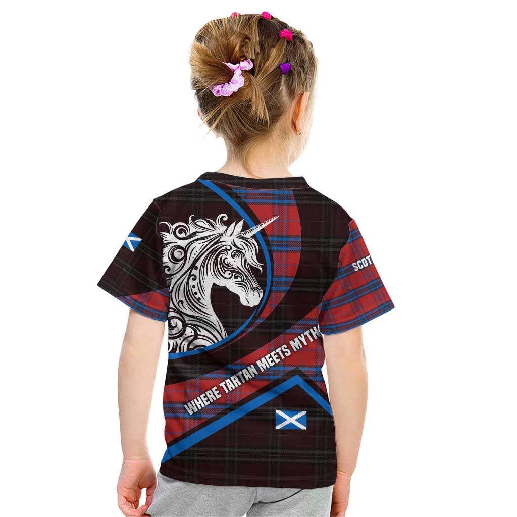 Scotland Kid T Shirt with Red Blue Tartan Pattern with Unicorn Illustration Saltire Flag and Where Tartan Meets Myth Quote Design - Wonder Print Shop
