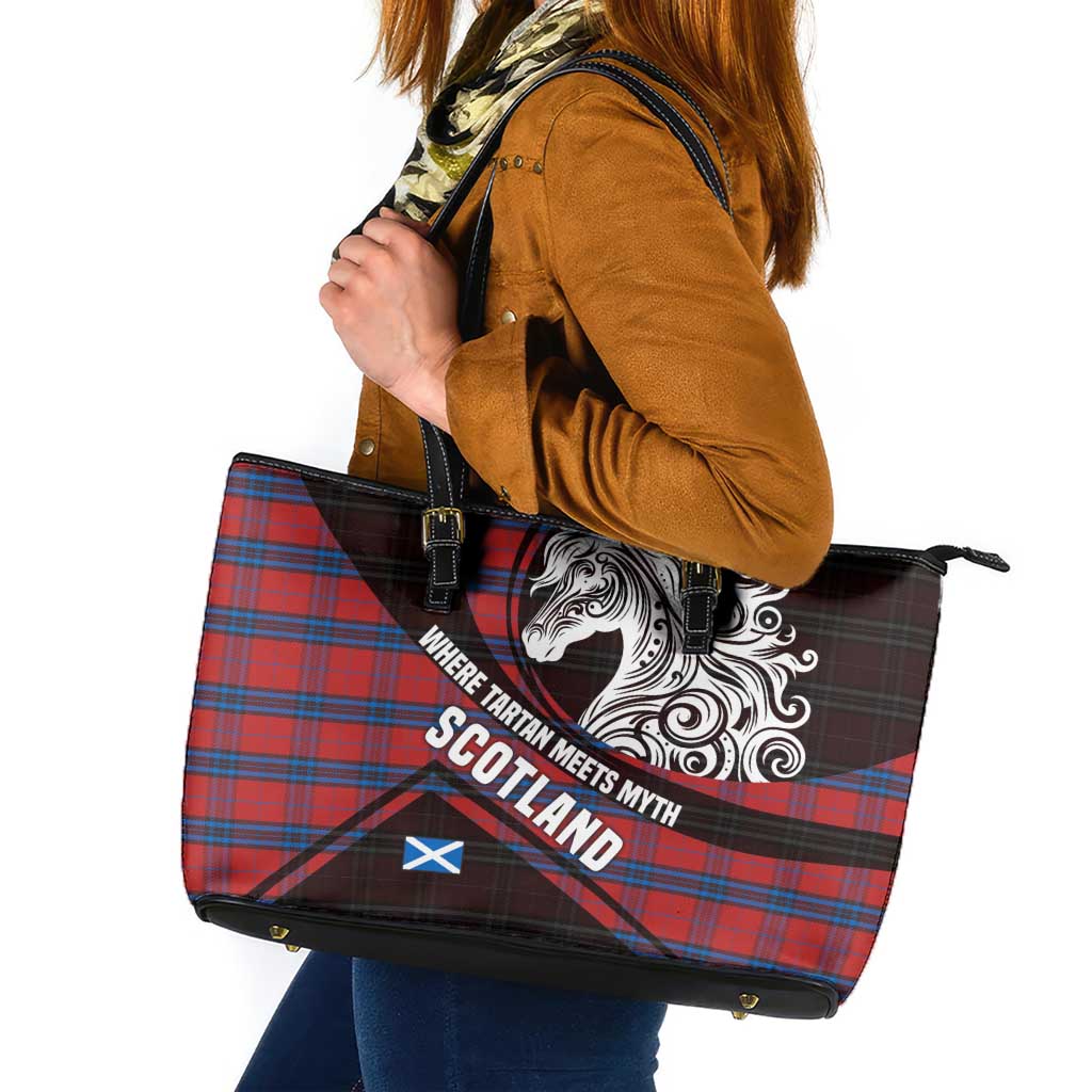 Scotland Leather Tote Bag with Red Blue Tartan Pattern with Unicorn Illustration Saltire Flag and Where Tartan Meets Myth Quote Design - Wonder Print Shop