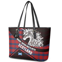 Scotland Leather Tote Bag with Red Blue Tartan Pattern with Unicorn Illustration Saltire Flag and Where Tartan Meets Myth Quote Design - Wonder Print Shop