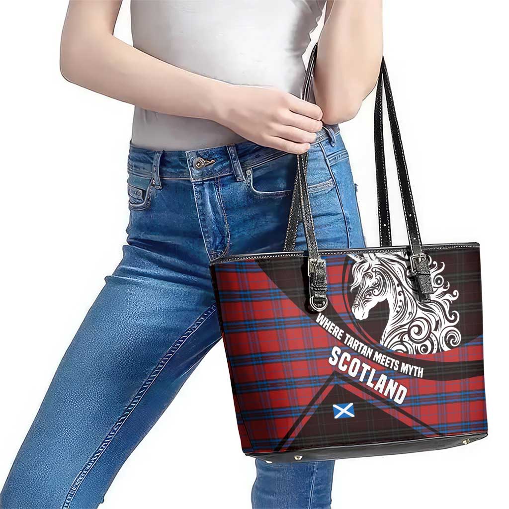 Scotland Leather Tote Bag with Red Blue Tartan Pattern with Unicorn Illustration Saltire Flag and Where Tartan Meets Myth Quote Design - Wonder Print Shop