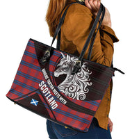 Scotland Leather Tote Bag with Red Blue Tartan Pattern with Unicorn Illustration Saltire Flag and Where Tartan Meets Myth Quote Design - Wonder Print Shop