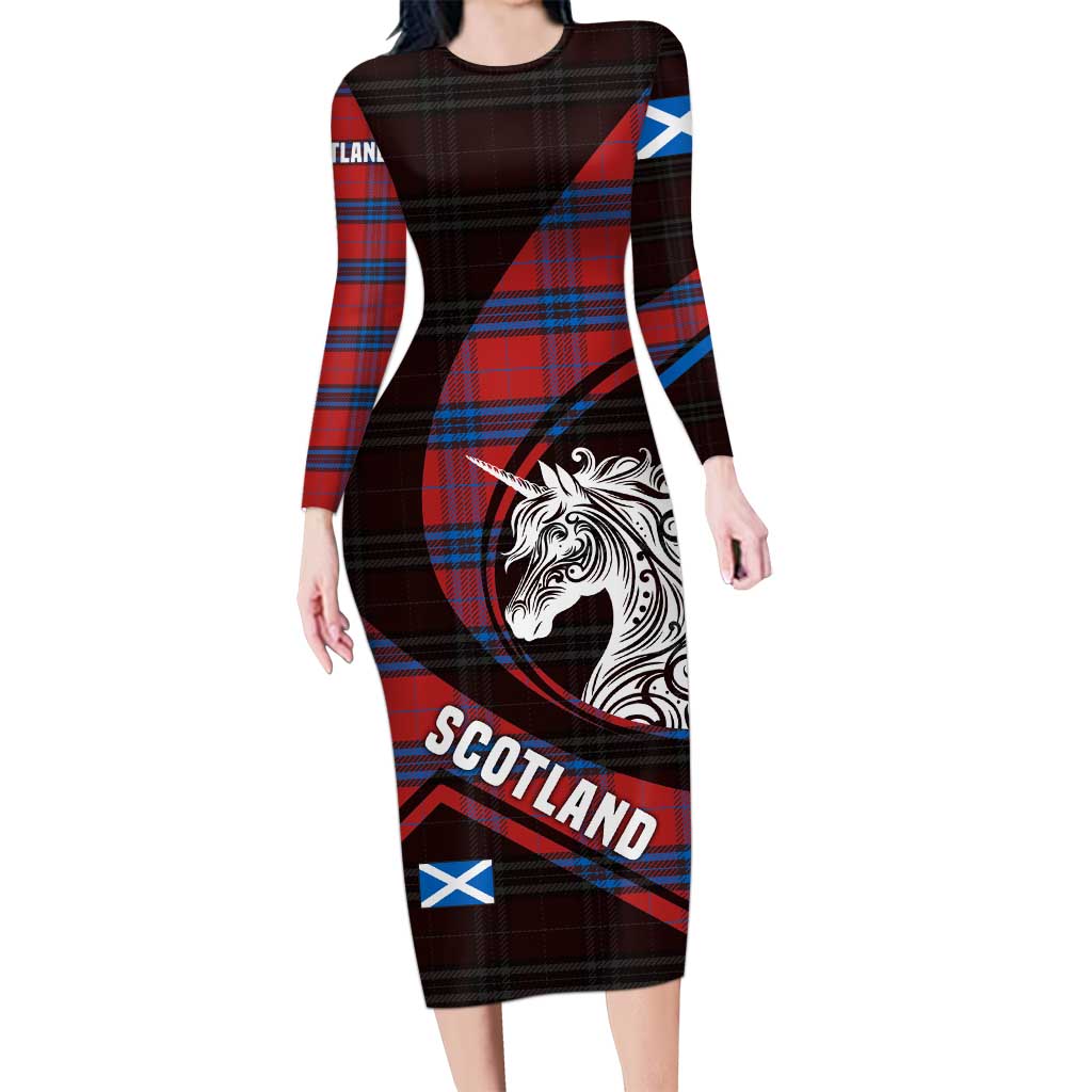 Scotland Long Sleeve Bodycon Dress with Red Blue Tartan Pattern with Unicorn Illustration Saltire Flag and Where Tartan Meets Myth Quote Design - Wonder Print Shop