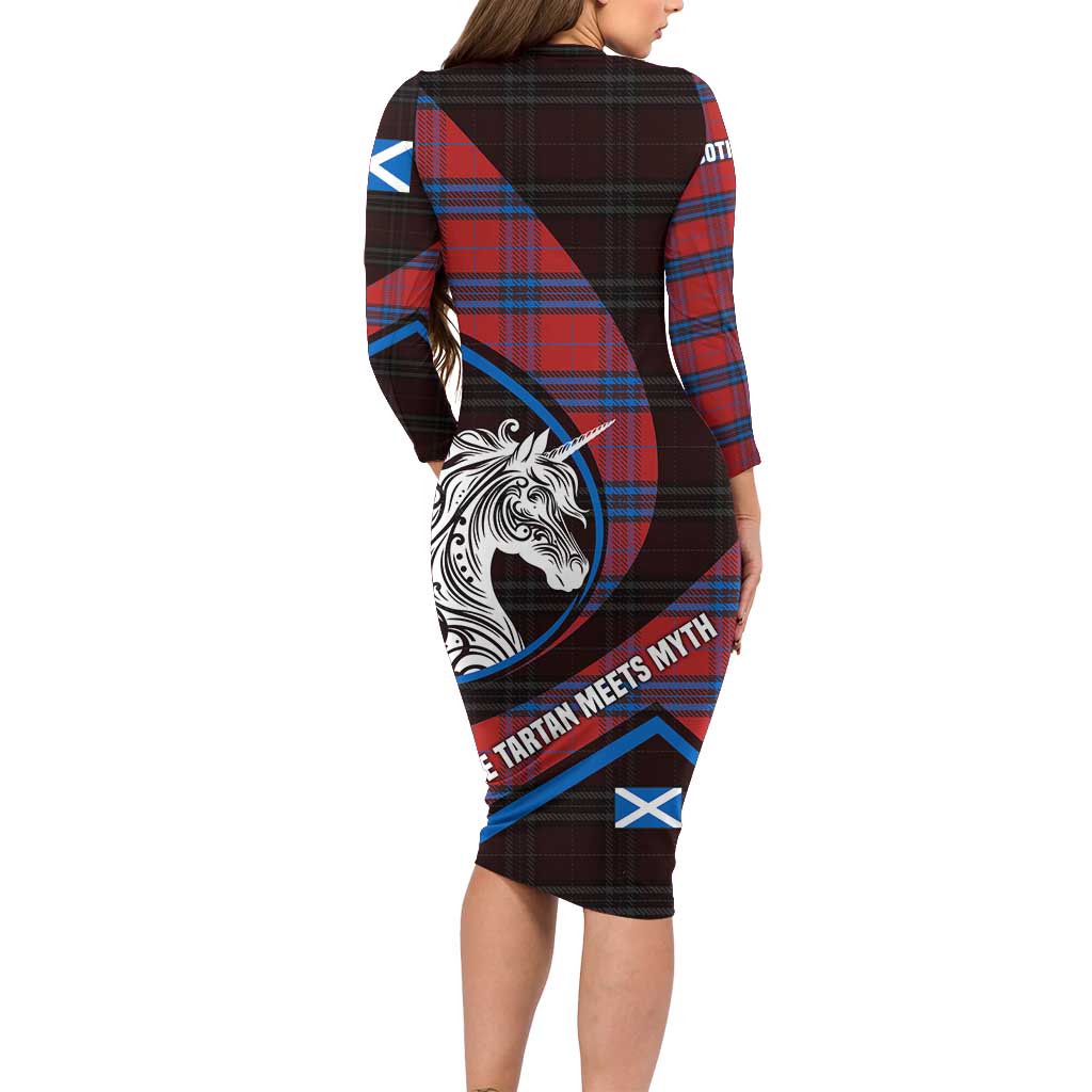 Scotland Long Sleeve Bodycon Dress with Red Blue Tartan Pattern with Unicorn Illustration Saltire Flag and Where Tartan Meets Myth Quote Design - Wonder Print Shop