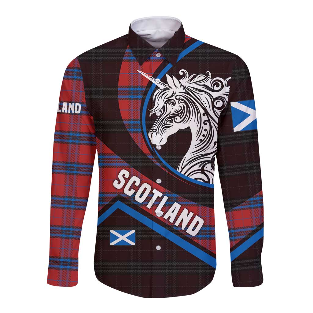 Scotland Long Sleeve Button Shirt with Red Blue Tartan Pattern with Unicorn Illustration Saltire Flag and Where Tartan Meets Myth Quote Design - Wonder Print Shop