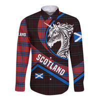 Scotland Long Sleeve Button Shirt with Red Blue Tartan Pattern with Unicorn Illustration Saltire Flag and Where Tartan Meets Myth Quote Design - Wonder Print Shop