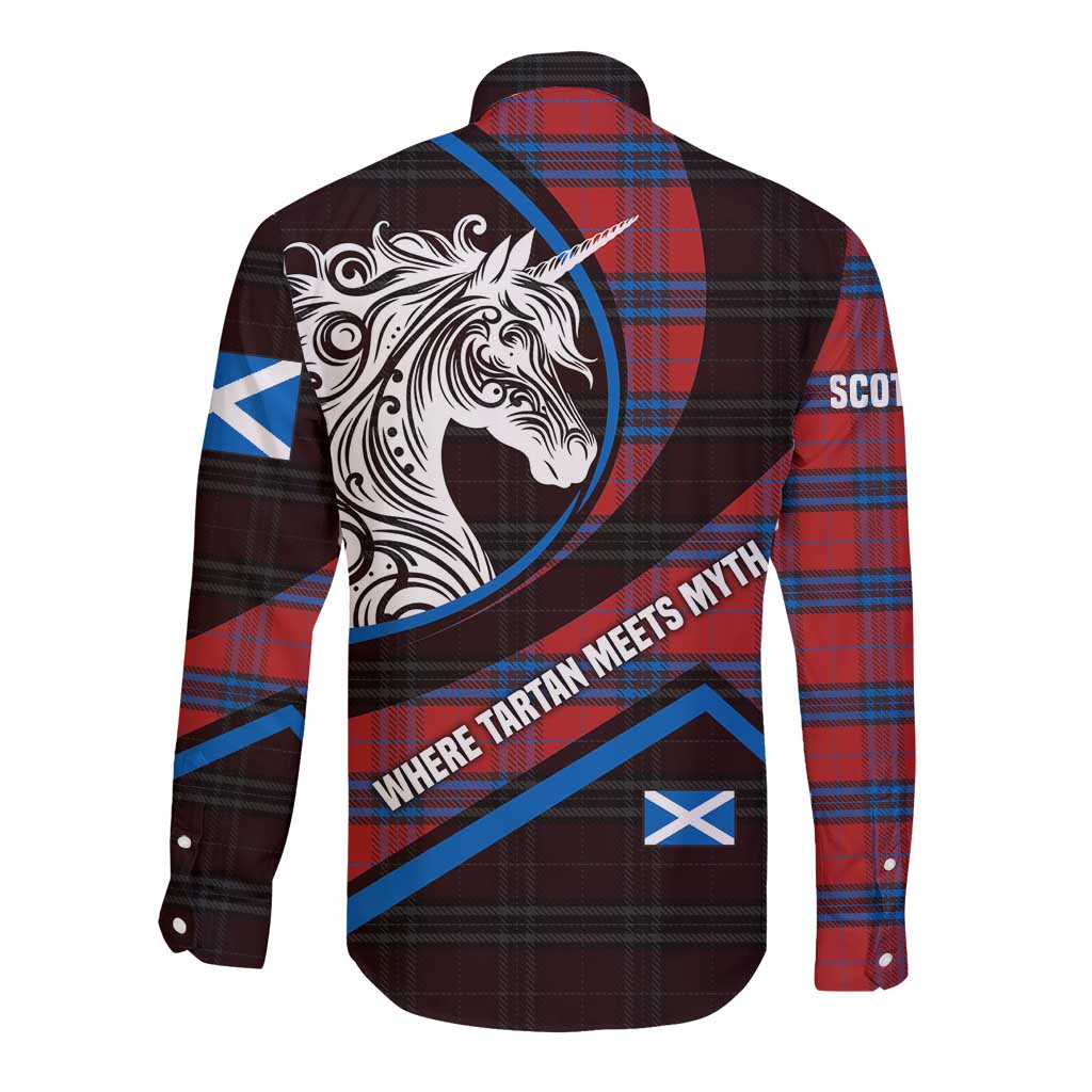 Scotland Long Sleeve Button Shirt with Red Blue Tartan Pattern with Unicorn Illustration Saltire Flag and Where Tartan Meets Myth Quote Design - Wonder Print Shop