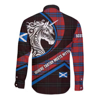Scotland Long Sleeve Button Shirt with Red Blue Tartan Pattern with Unicorn Illustration Saltire Flag and Where Tartan Meets Myth Quote Design - Wonder Print Shop