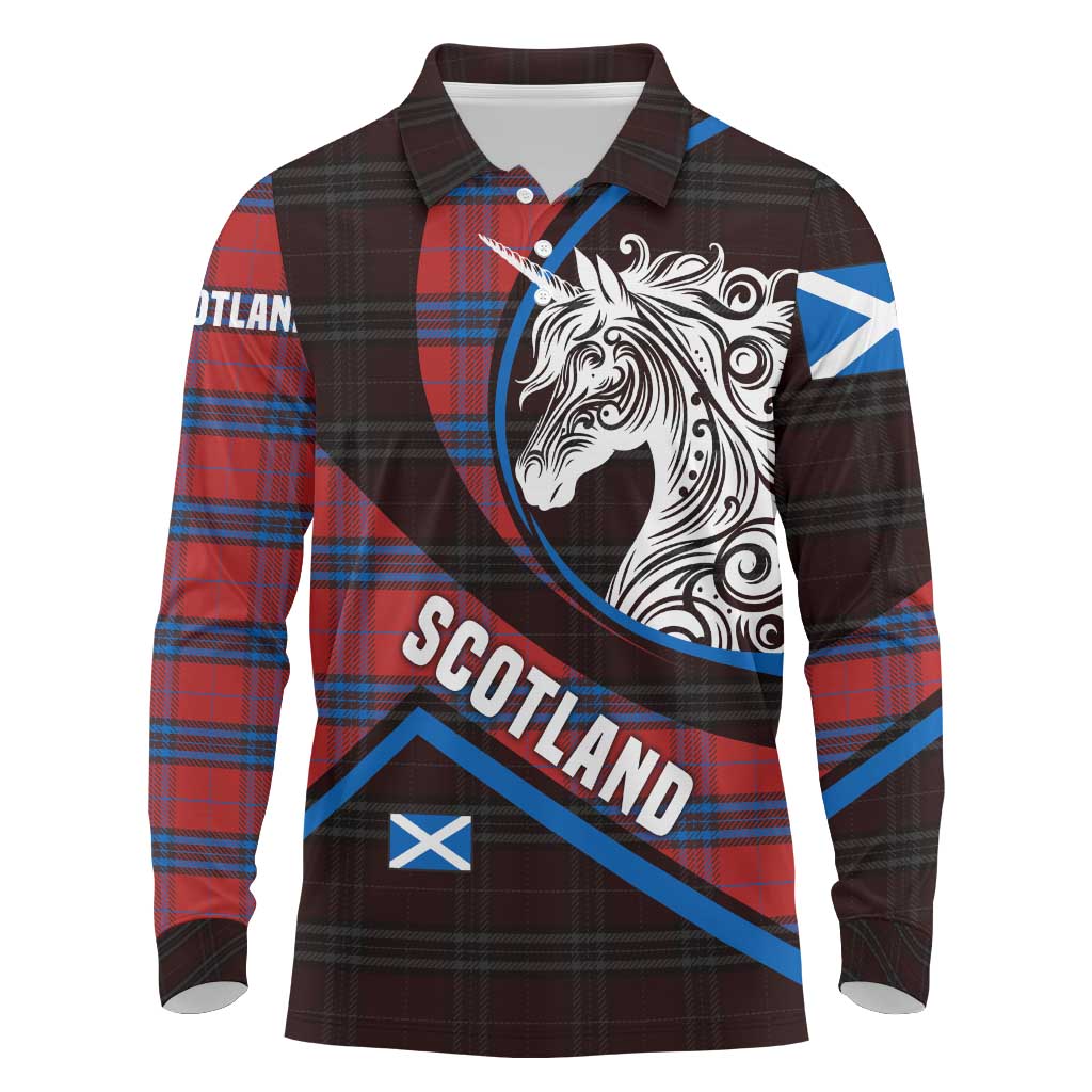 Scotland Long Sleeve Polo Shirt with Red Blue Tartan Pattern with Unicorn Illustration Saltire Flag and Where Tartan Meets Myth Quote Design - Wonder Print Shop