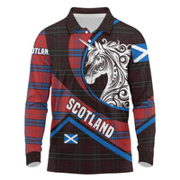 Scotland Long Sleeve Polo Shirt with Red Blue Tartan Pattern with Unicorn Illustration Saltire Flag and Where Tartan Meets Myth Quote Design - Wonder Print Shop