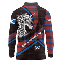 Scotland Long Sleeve Polo Shirt with Red Blue Tartan Pattern with Unicorn Illustration Saltire Flag and Where Tartan Meets Myth Quote Design - Wonder Print Shop