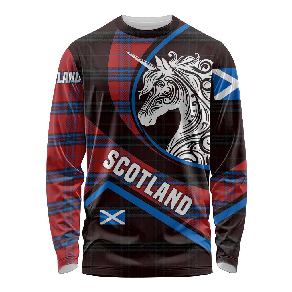 Scotland Long Sleeve Shirt with Red Blue Tartan Pattern with Unicorn Illustration Saltire Flag and Where Tartan Meets Myth Quote Design - Wonder Print Shop