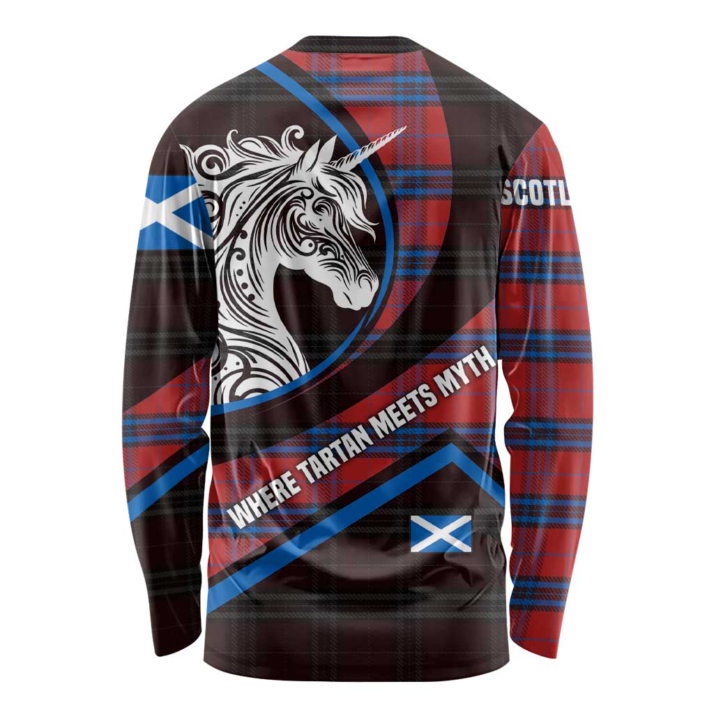 Scotland Long Sleeve Shirt with Red Blue Tartan Pattern with Unicorn Illustration Saltire Flag and Where Tartan Meets Myth Quote Design - Wonder Print Shop