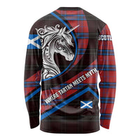 Scotland Long Sleeve Shirt with Red Blue Tartan Pattern with Unicorn Illustration Saltire Flag and Where Tartan Meets Myth Quote Design - Wonder Print Shop