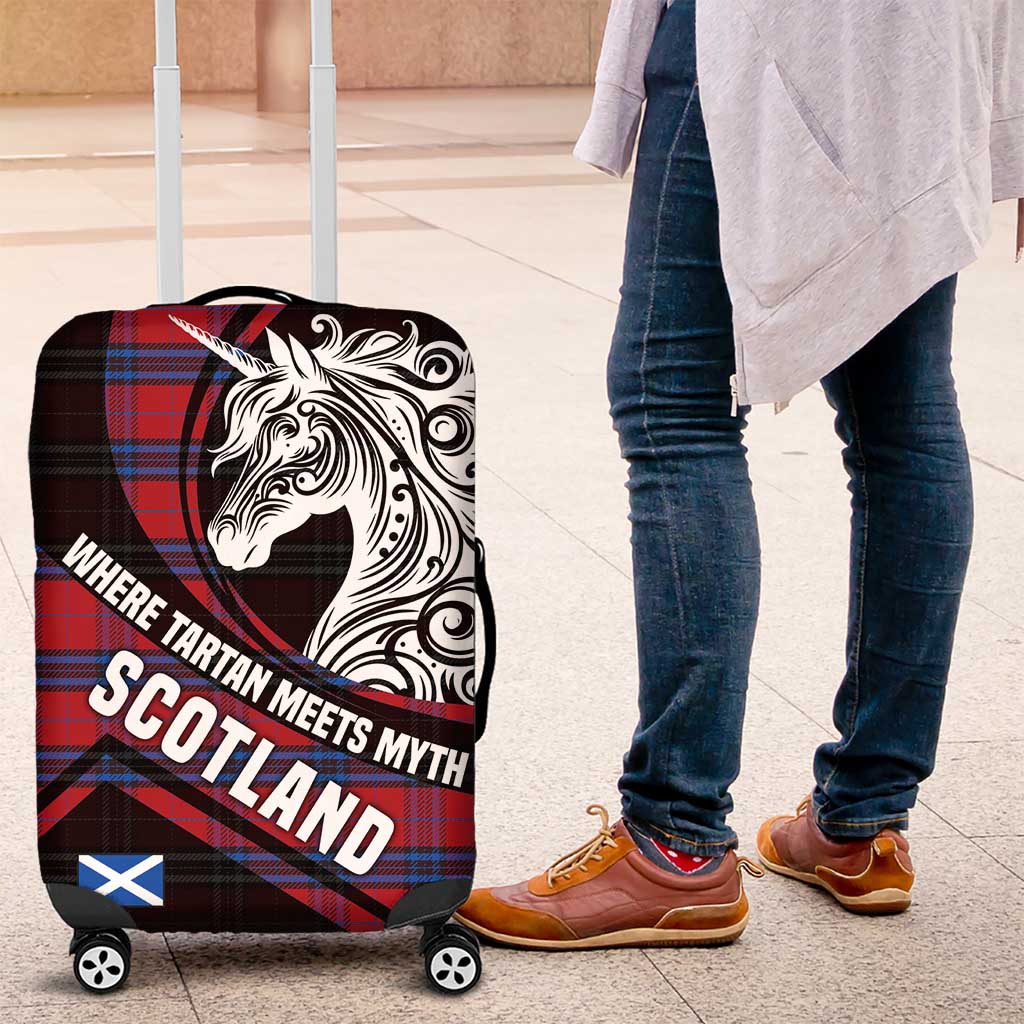 Scotland Luggage Cover with Red Blue Tartan Pattern with Unicorn Illustration Saltire Flag and Where Tartan Meets Myth Quote Design - Wonder Print Shop