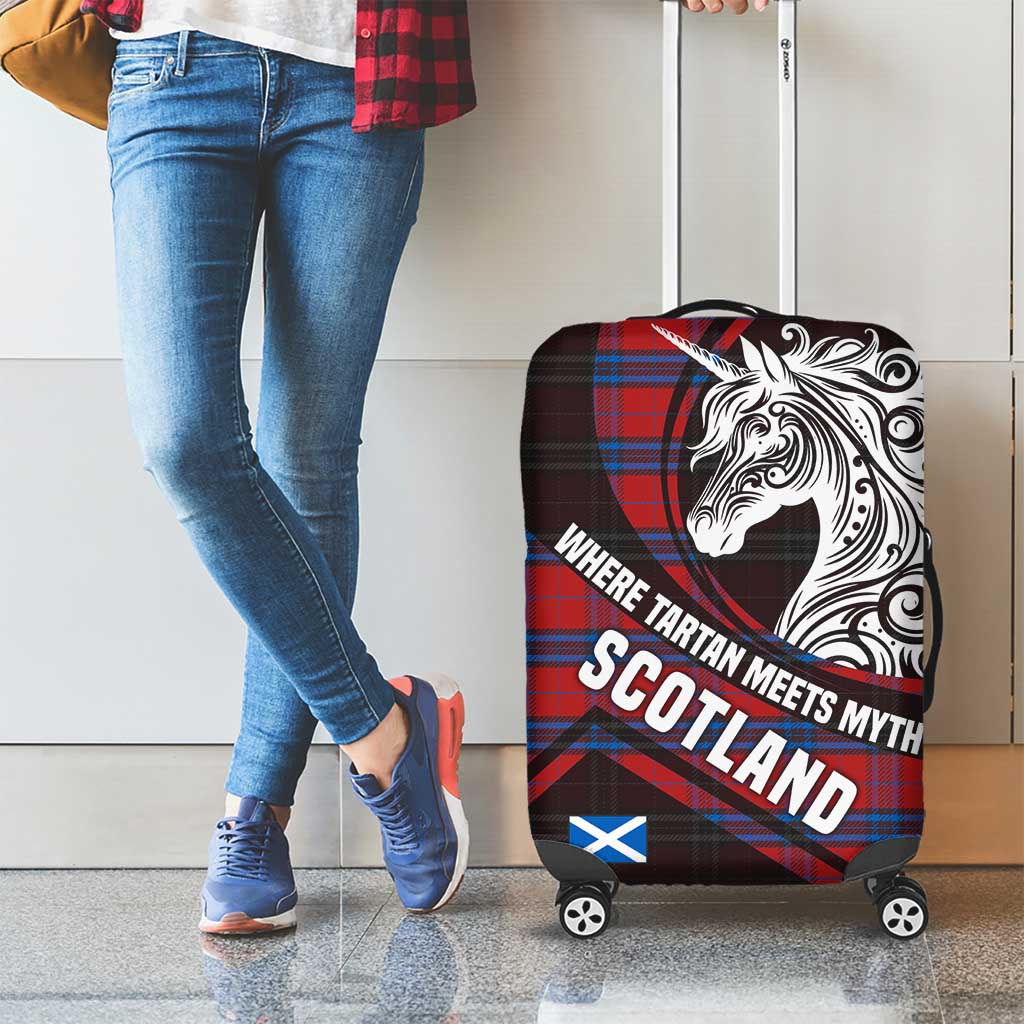 Scotland Luggage Cover with Red Blue Tartan Pattern with Unicorn Illustration Saltire Flag and Where Tartan Meets Myth Quote Design - Wonder Print Shop