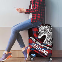 Scotland Luggage Cover with Red Blue Tartan Pattern with Unicorn Illustration Saltire Flag and Where Tartan Meets Myth Quote Design - Wonder Print Shop