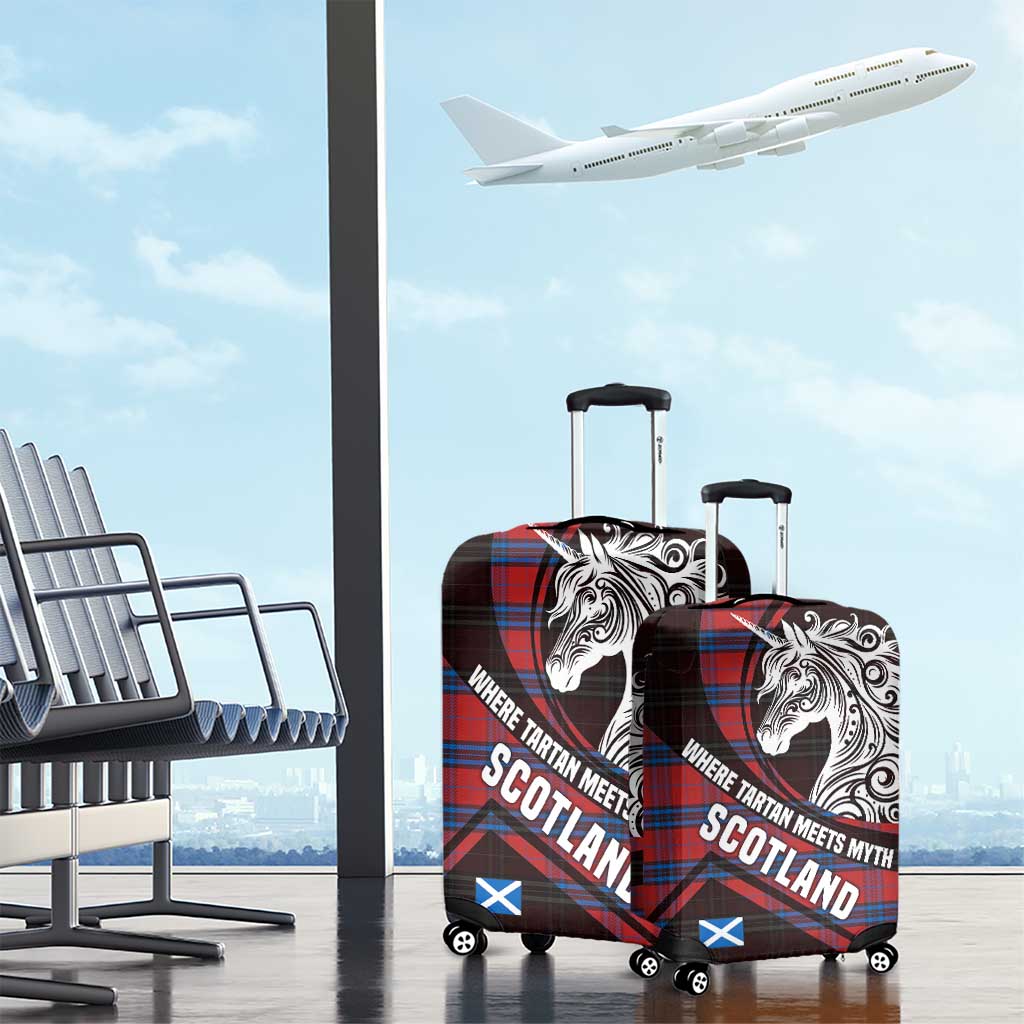 Scotland Luggage Cover with Red Blue Tartan Pattern with Unicorn Illustration Saltire Flag and Where Tartan Meets Myth Quote Design - Wonder Print Shop
