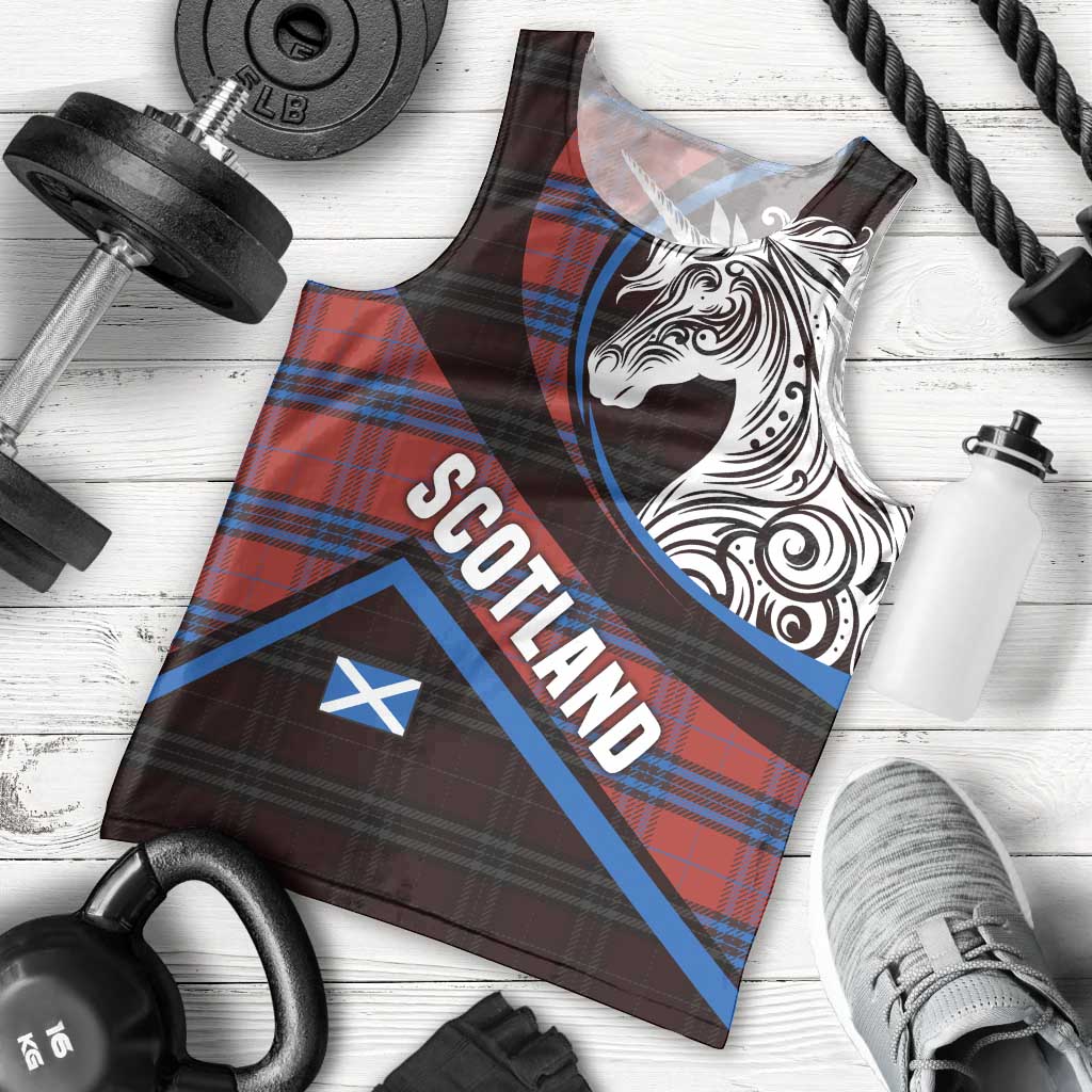 Scotland Men Tank Top with Red Blue Tartan Pattern with Unicorn Illustration Saltire Flag and Where Tartan Meets Myth Quote Design - Wonder Print Shop