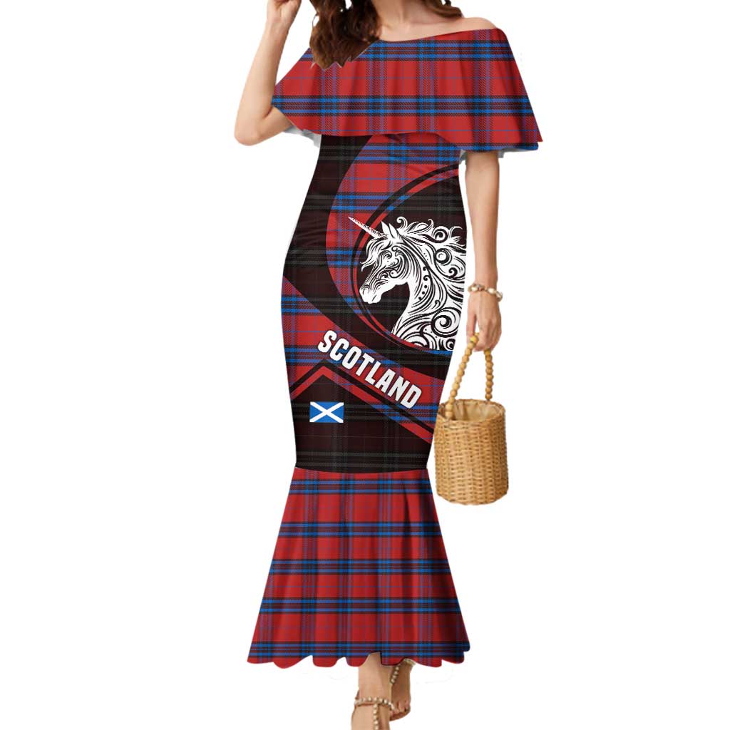 Scotland Mermaid Dress with Red Blue Tartan Pattern with Unicorn Illustration Saltire Flag and Where Tartan Meets Myth Quote Design - Wonder Print Shop