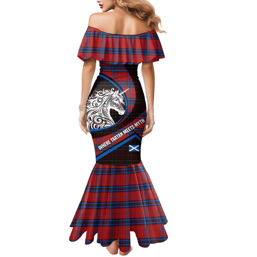 Scotland Mermaid Dress with Red Blue Tartan Pattern with Unicorn Illustration Saltire Flag and Where Tartan Meets Myth Quote Design - Wonder Print Shop