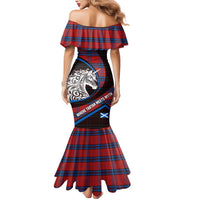 Scotland Mermaid Dress with Red Blue Tartan Pattern with Unicorn Illustration Saltire Flag and Where Tartan Meets Myth Quote Design - Wonder Print Shop