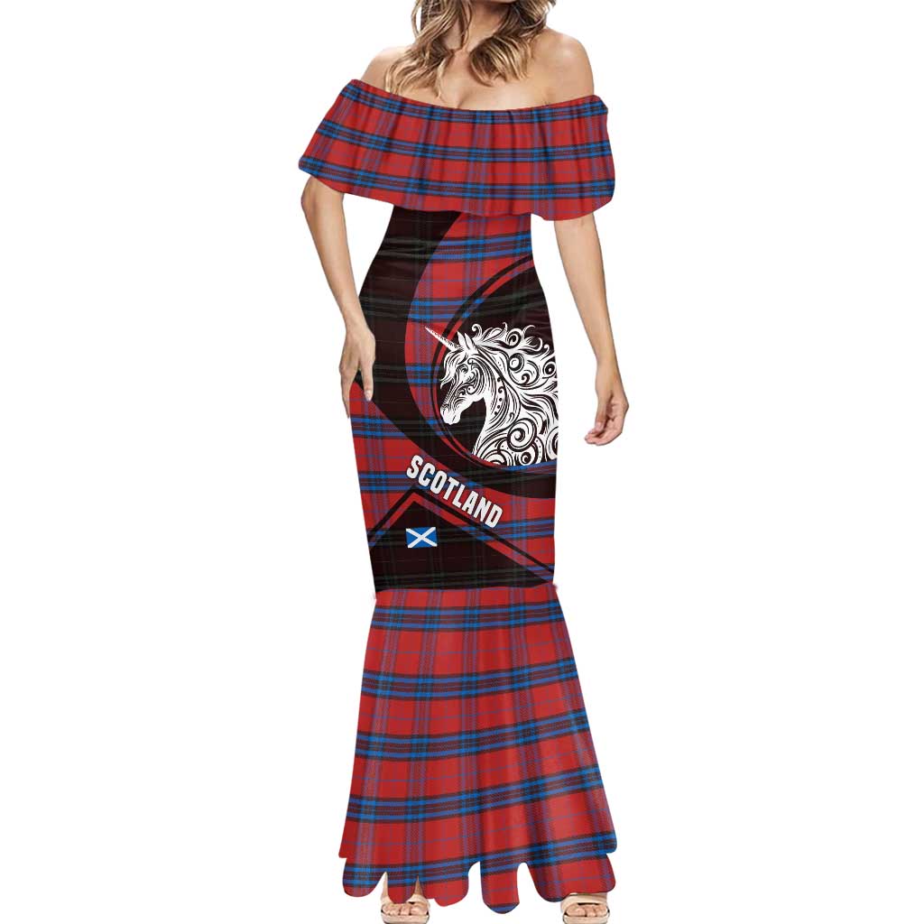 Scotland Mermaid Dress with Red Blue Tartan Pattern with Unicorn Illustration Saltire Flag and Where Tartan Meets Myth Quote Design - Wonder Print Shop