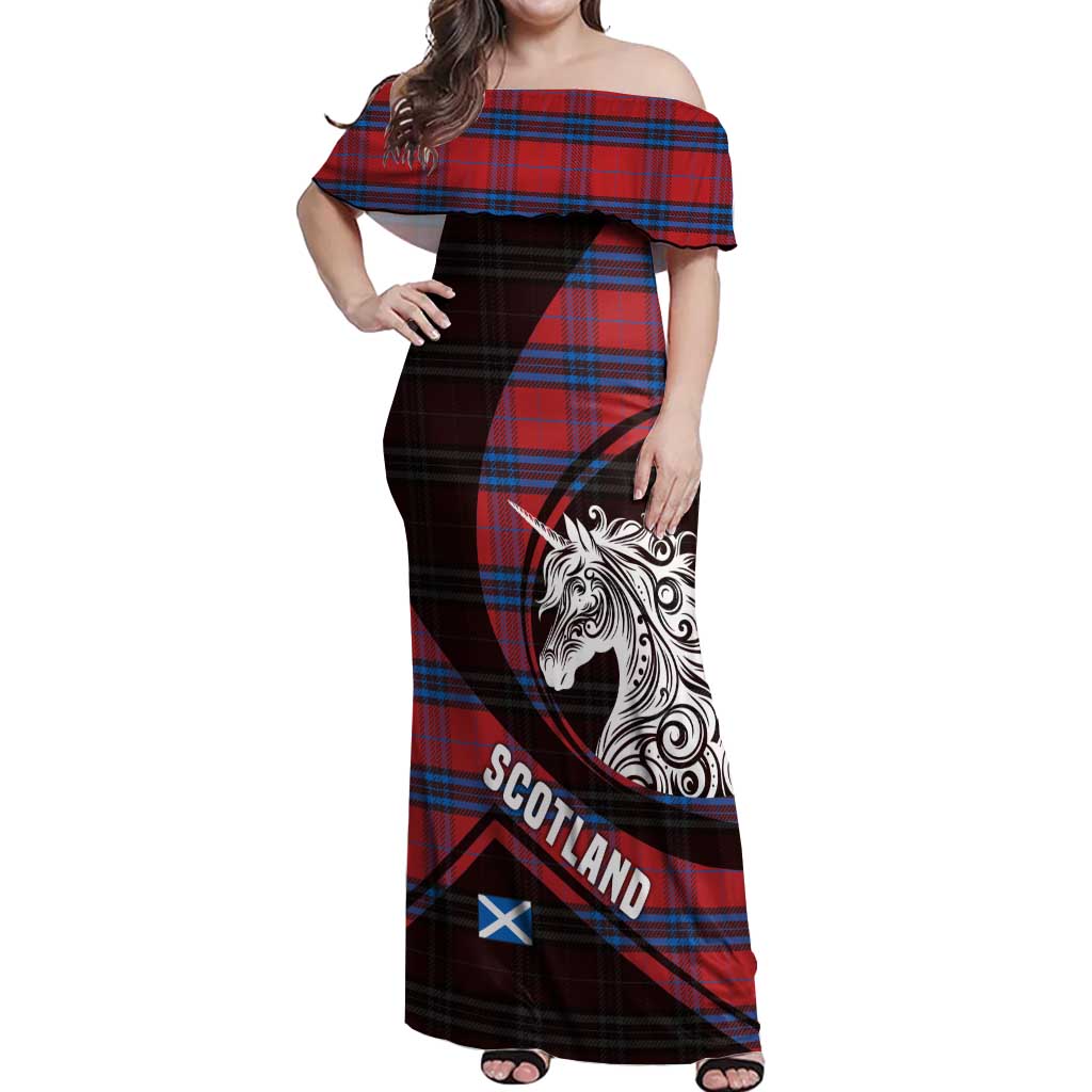 Scotland Off Shoulder Maxi Dress with Red Blue Tartan Pattern with Unicorn Illustration Saltire Flag and Where Tartan Meets Myth Quote Design - Wonder Print Shop