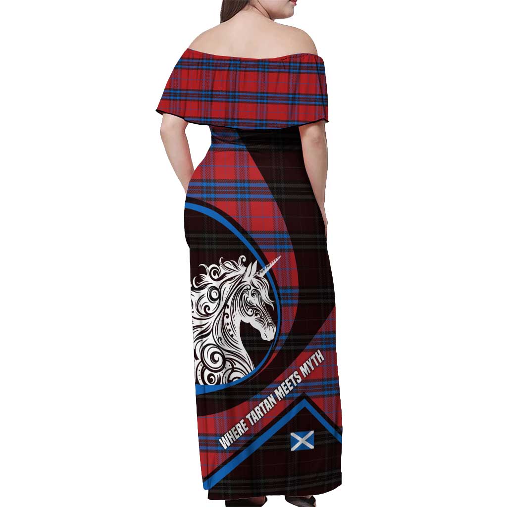 Scotland Off Shoulder Maxi Dress with Red Blue Tartan Pattern with Unicorn Illustration Saltire Flag and Where Tartan Meets Myth Quote Design - Wonder Print Shop