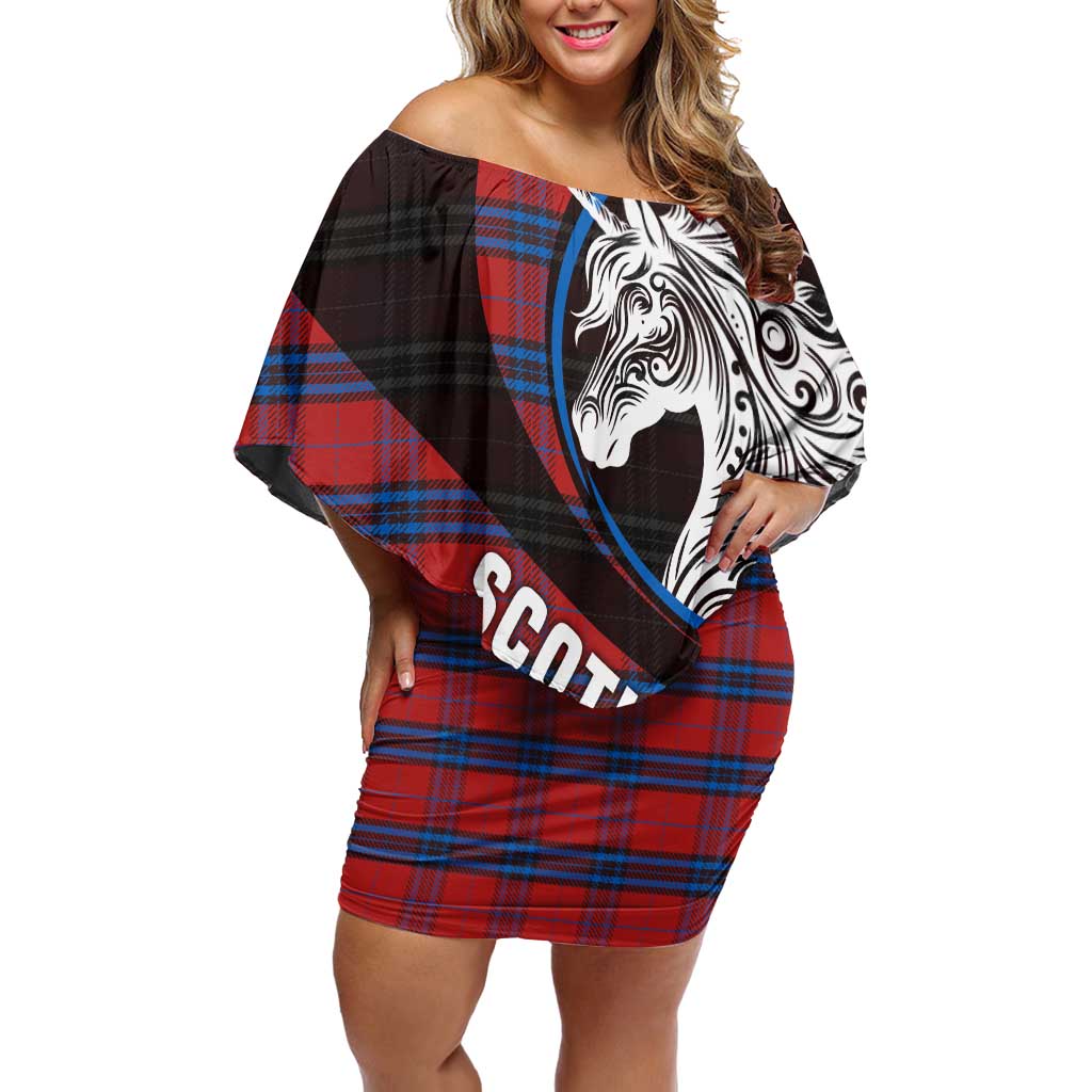 Scotland Off Shoulder Short Dress with Red Blue Tartan Pattern with Unicorn Illustration Saltire Flag and Where Tartan Meets Myth Quote Design - Wonder Print Shop