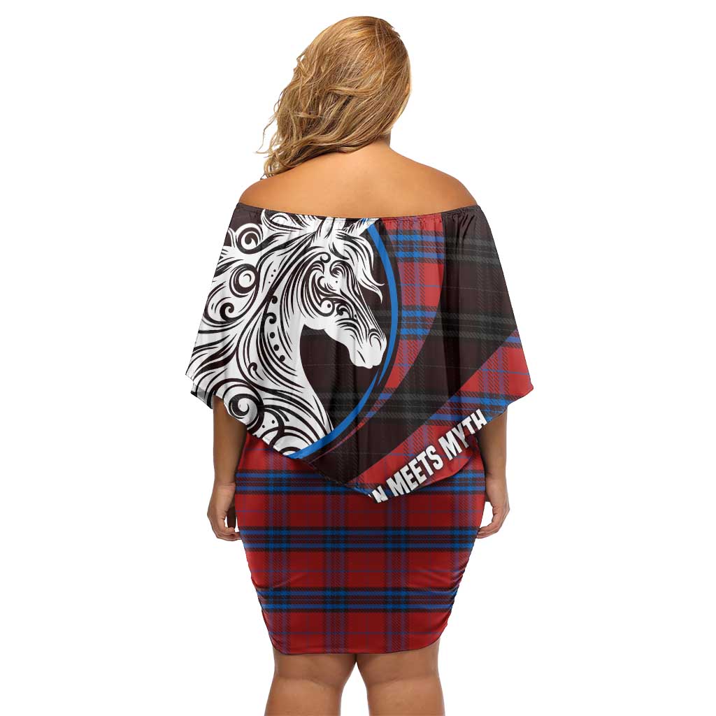 Scotland Off Shoulder Short Dress with Red Blue Tartan Pattern with Unicorn Illustration Saltire Flag and Where Tartan Meets Myth Quote Design - Wonder Print Shop