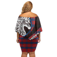 Scotland Off Shoulder Short Dress with Red Blue Tartan Pattern with Unicorn Illustration Saltire Flag and Where Tartan Meets Myth Quote Design - Wonder Print Shop