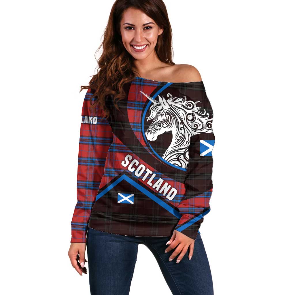 Scotland Off Shoulder Sweater with Red Blue Tartan Pattern with Unicorn Illustration Saltire Flag and Where Tartan Meets Myth Quote Design - Wonder Print Shop