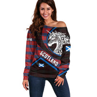 Scotland Off Shoulder Sweater with Red Blue Tartan Pattern with Unicorn Illustration Saltire Flag and Where Tartan Meets Myth Quote Design - Wonder Print Shop