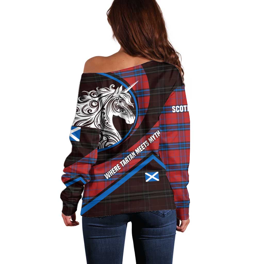 Scotland Off Shoulder Sweater with Red Blue Tartan Pattern with Unicorn Illustration Saltire Flag and Where Tartan Meets Myth Quote Design - Wonder Print Shop