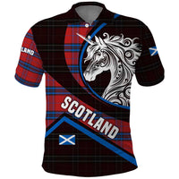 Scotland Polo Shirt with Red Blue Tartan Pattern with Unicorn Illustration Saltire Flag and Where Tartan Meets Myth Quote Design - Wonder Print Shop