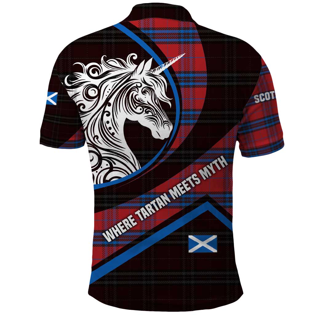 Scotland Polo Shirt with Red Blue Tartan Pattern with Unicorn Illustration Saltire Flag and Where Tartan Meets Myth Quote Design - Wonder Print Shop
