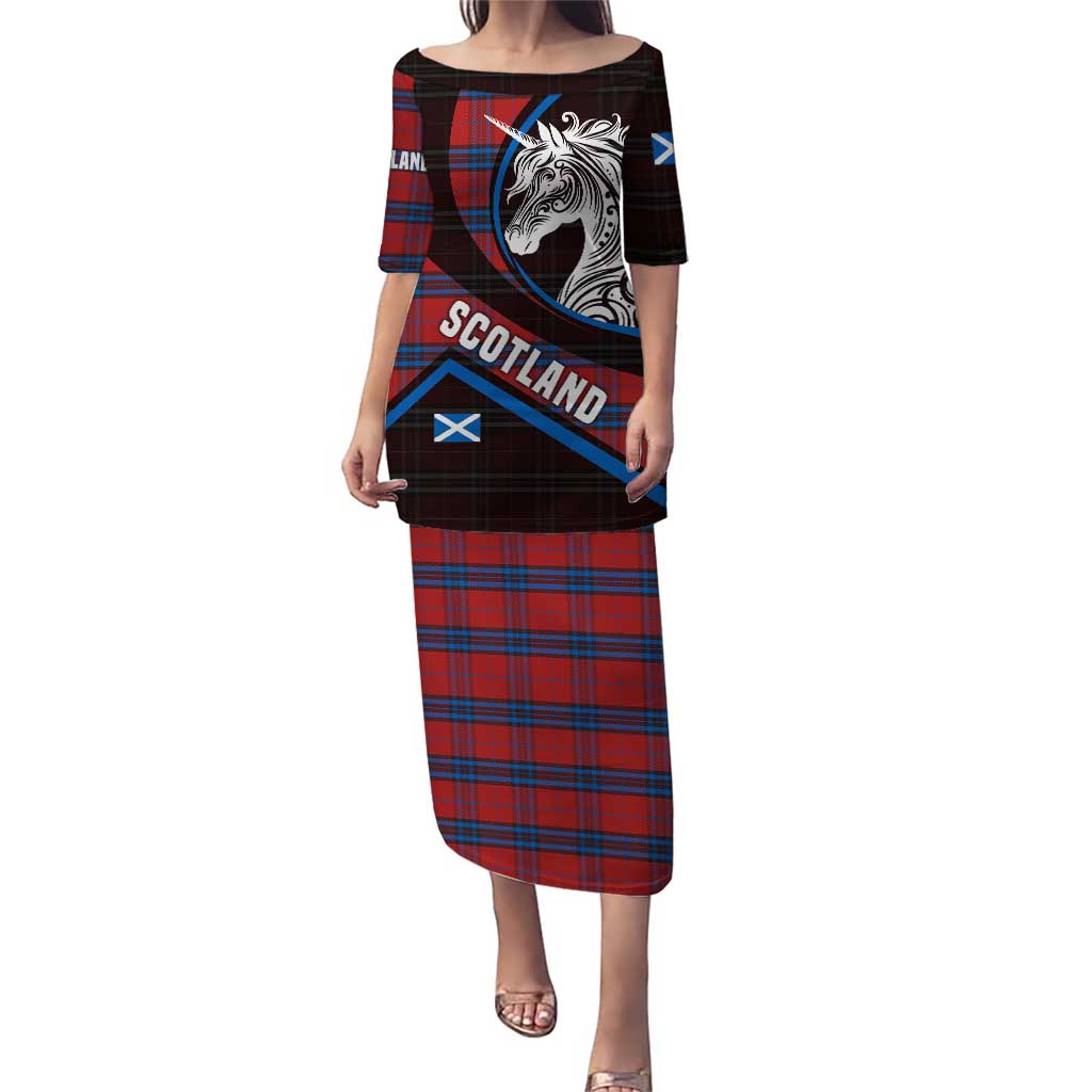 Scotland Puletasi with Red Blue Tartan Pattern with Unicorn Illustration Saltire Flag and Where Tartan Meets Myth Quote Design - Wonder Print Shop