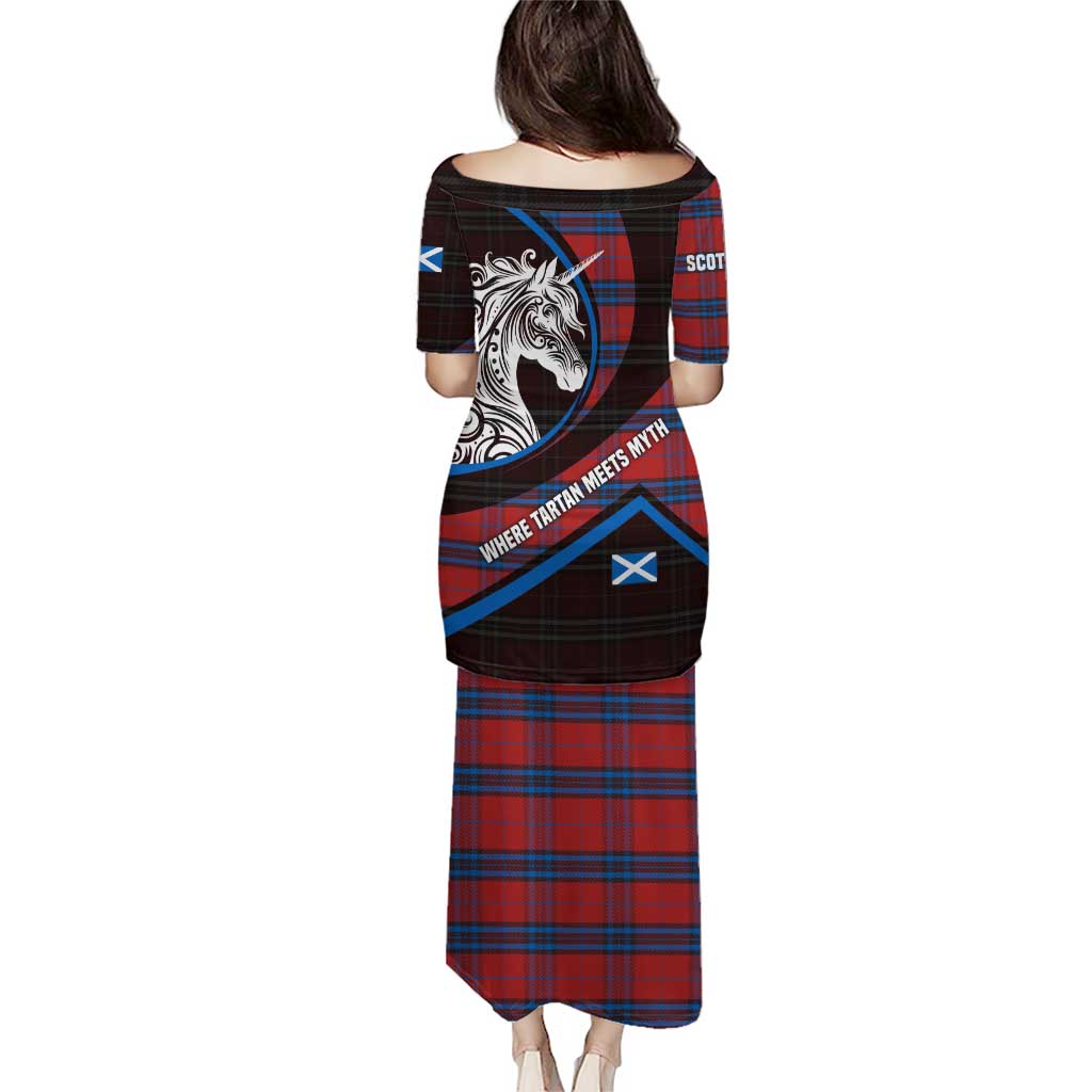 Scotland Puletasi with Red Blue Tartan Pattern with Unicorn Illustration Saltire Flag and Where Tartan Meets Myth Quote Design - Wonder Print Shop
