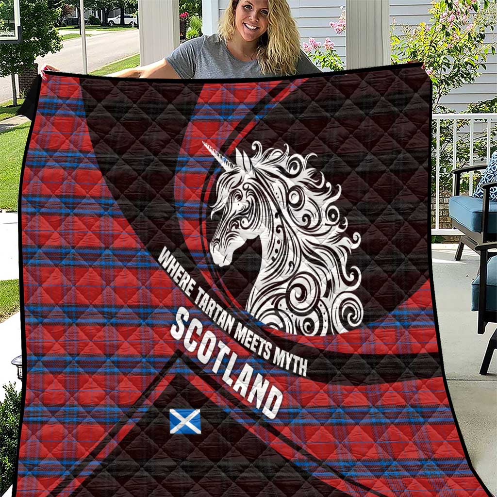 Scotland Quilt with Red Blue Tartan Pattern with Unicorn Illustration Saltire Flag and Where Tartan Meets Myth Quote Design - Wonder Print Shop