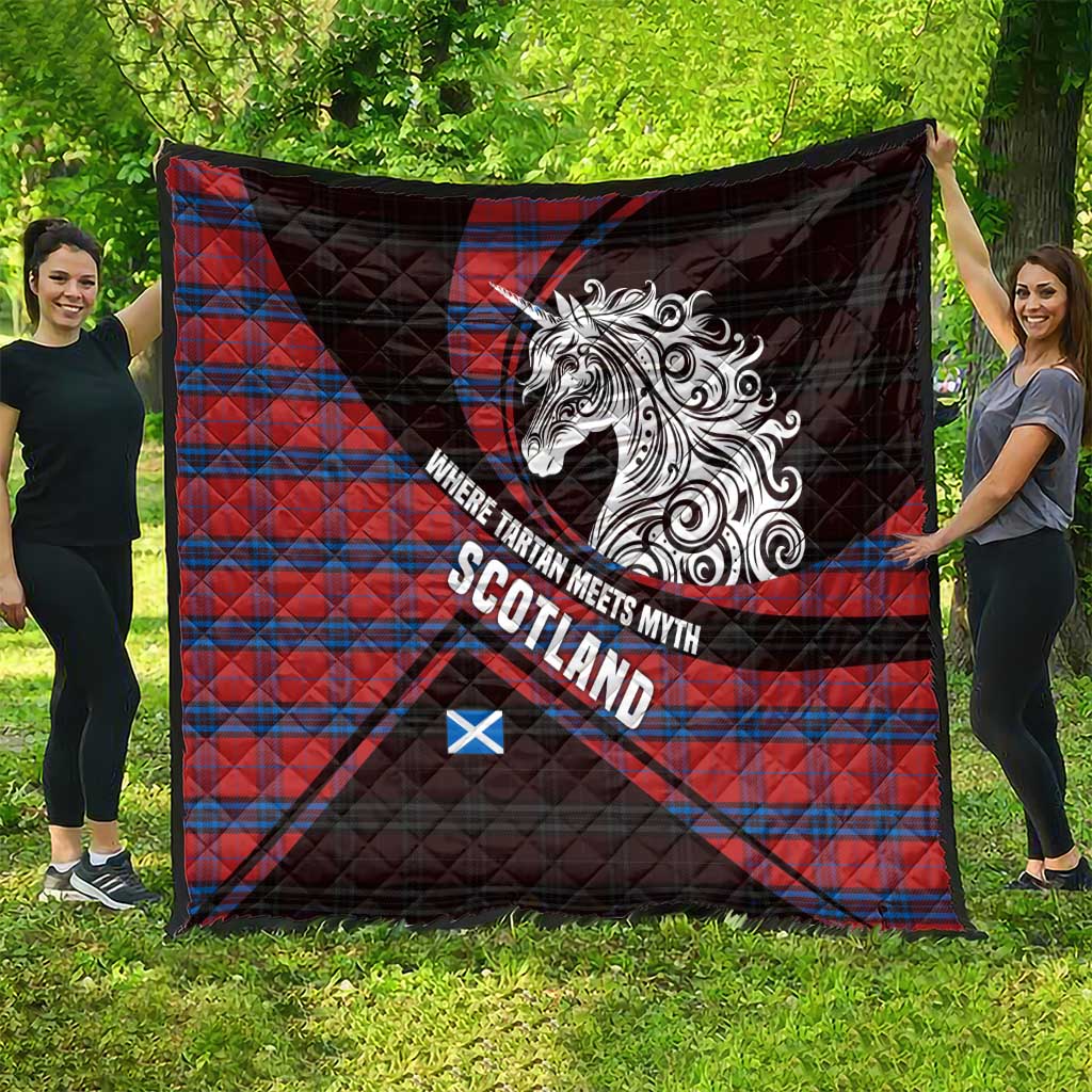 Scotland Quilt with Red Blue Tartan Pattern with Unicorn Illustration Saltire Flag and Where Tartan Meets Myth Quote Design - Wonder Print Shop