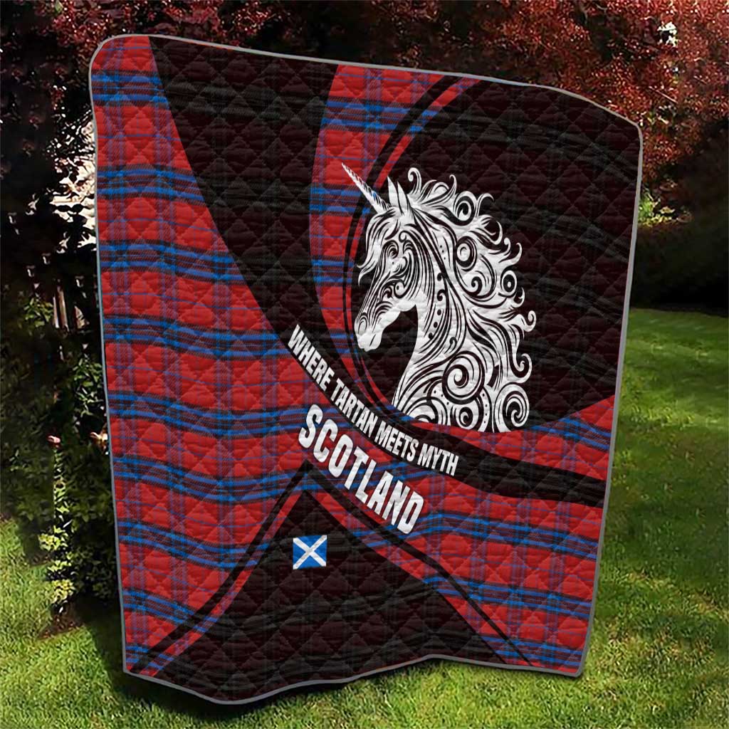 Scotland Quilt with Red Blue Tartan Pattern with Unicorn Illustration Saltire Flag and Where Tartan Meets Myth Quote Design - Wonder Print Shop