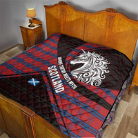Scotland Quilt with Red Blue Tartan Pattern with Unicorn Illustration Saltire Flag and Where Tartan Meets Myth Quote Design - Wonder Print Shop