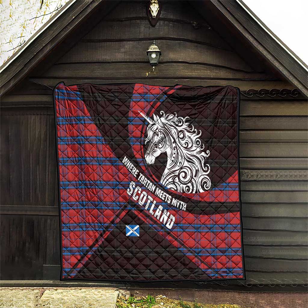 Scotland Quilt with Red Blue Tartan Pattern with Unicorn Illustration Saltire Flag and Where Tartan Meets Myth Quote Design - Wonder Print Shop