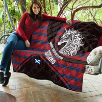 Scotland Quilt with Red Blue Tartan Pattern with Unicorn Illustration Saltire Flag and Where Tartan Meets Myth Quote Design - Wonder Print Shop
