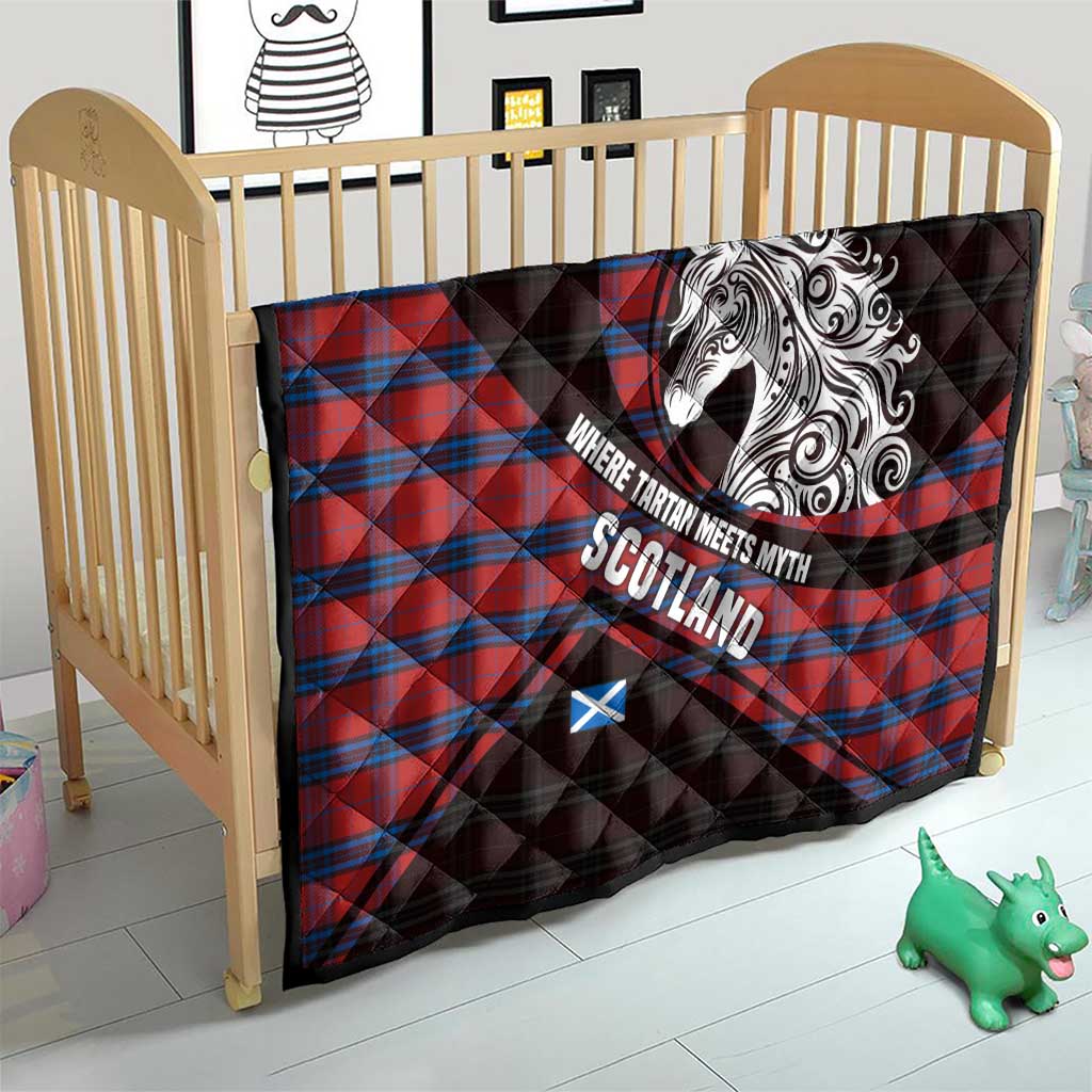 Scotland Quilt with Red Blue Tartan Pattern with Unicorn Illustration Saltire Flag and Where Tartan Meets Myth Quote Design - Wonder Print Shop