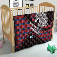 Scotland Quilt with Red Blue Tartan Pattern with Unicorn Illustration Saltire Flag and Where Tartan Meets Myth Quote Design - Wonder Print Shop