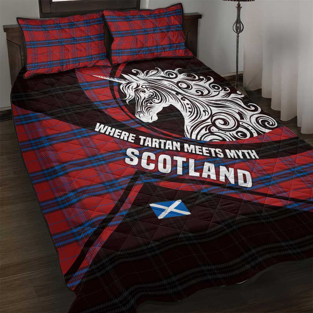 Scotland Quilt Bed Set with Red Blue Tartan Pattern with Unicorn Illustration Saltire Flag and Where Tartan Meets Myth Quote Design - Wonder Print Shop