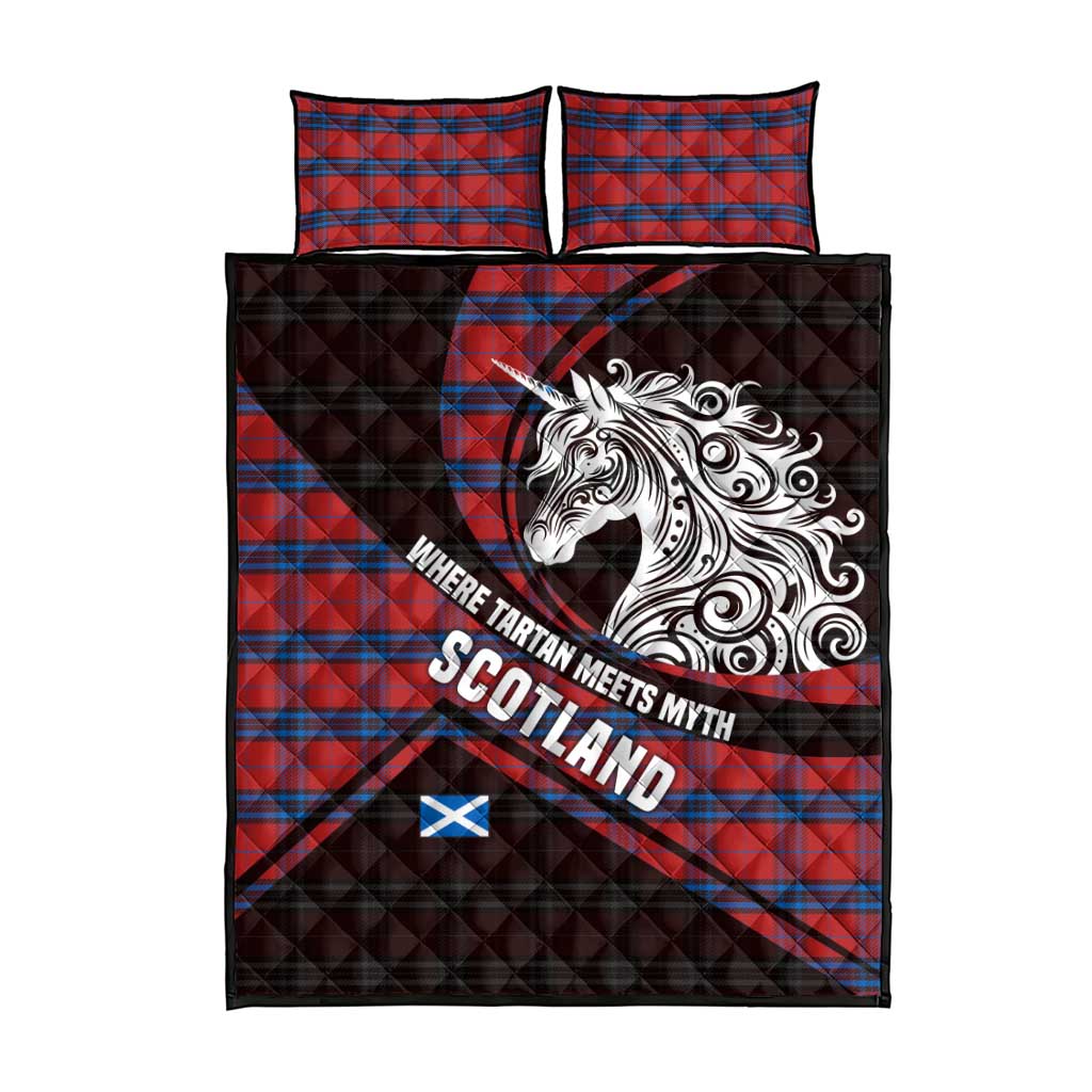 Scotland Quilt Bed Set with Red Blue Tartan Pattern with Unicorn Illustration Saltire Flag and Where Tartan Meets Myth Quote Design - Wonder Print Shop