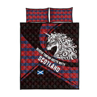 Scotland Quilt Bed Set with Red Blue Tartan Pattern with Unicorn Illustration Saltire Flag and Where Tartan Meets Myth Quote Design - Wonder Print Shop