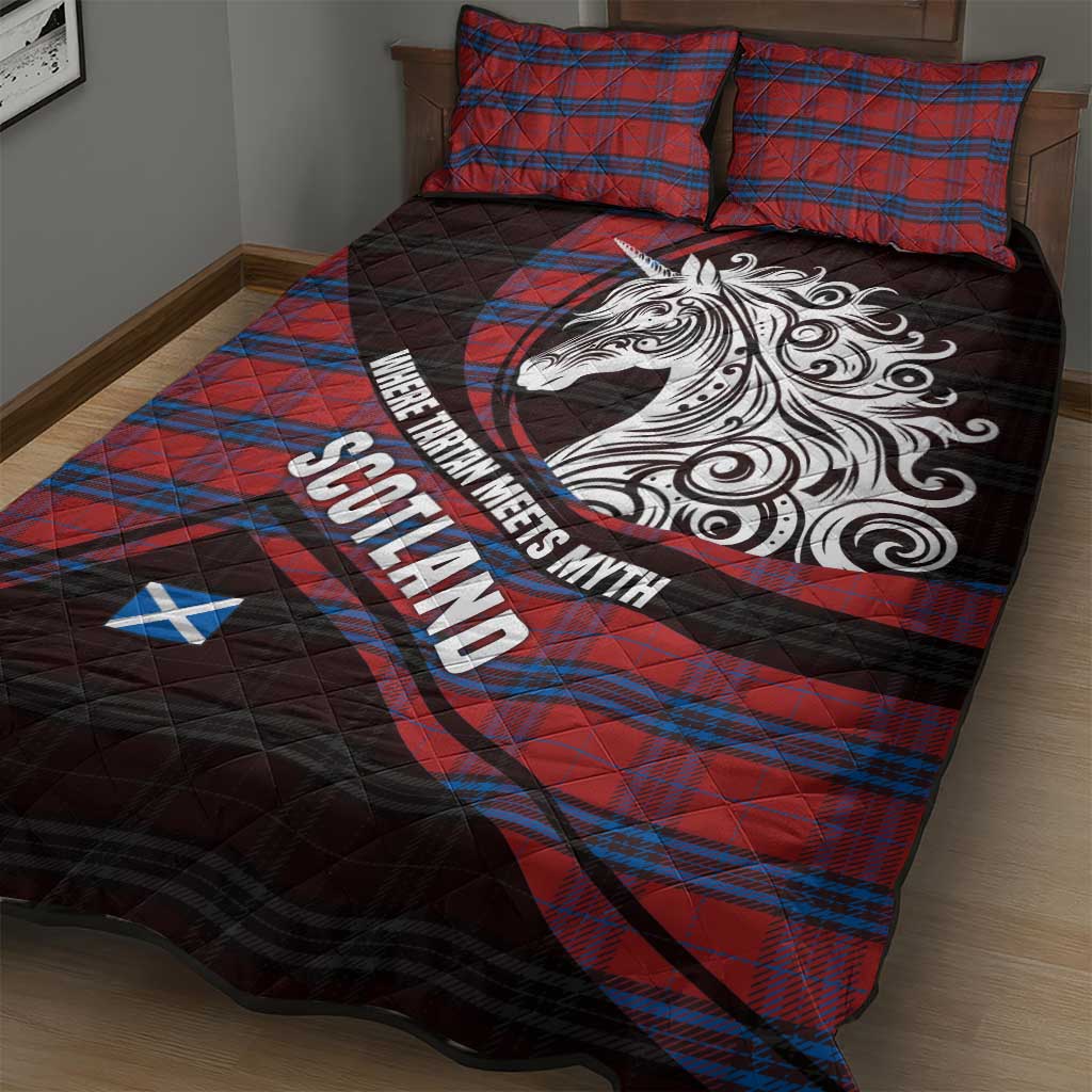 Scotland Quilt Bed Set with Red Blue Tartan Pattern with Unicorn Illustration Saltire Flag and Where Tartan Meets Myth Quote Design - Wonder Print Shop